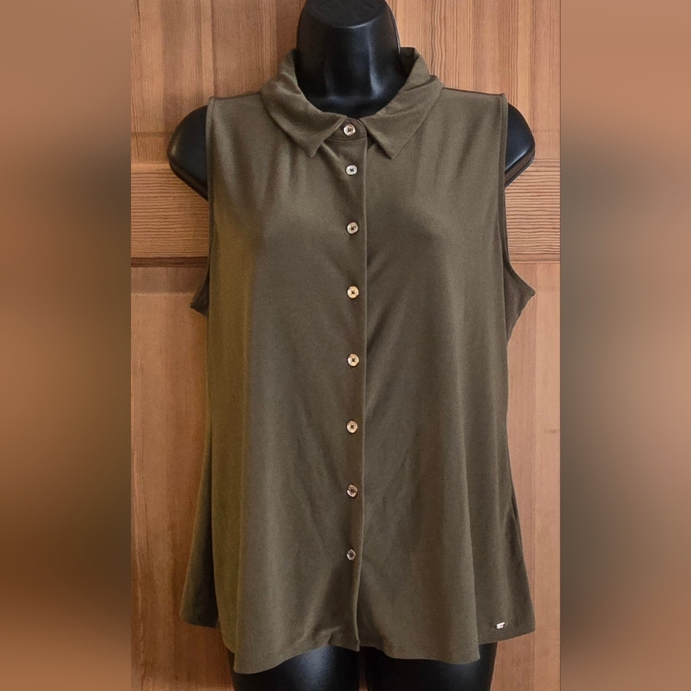 Tommy Hilfiger Olive Button Down Sleeveless Top Size Large Business Casual Offic